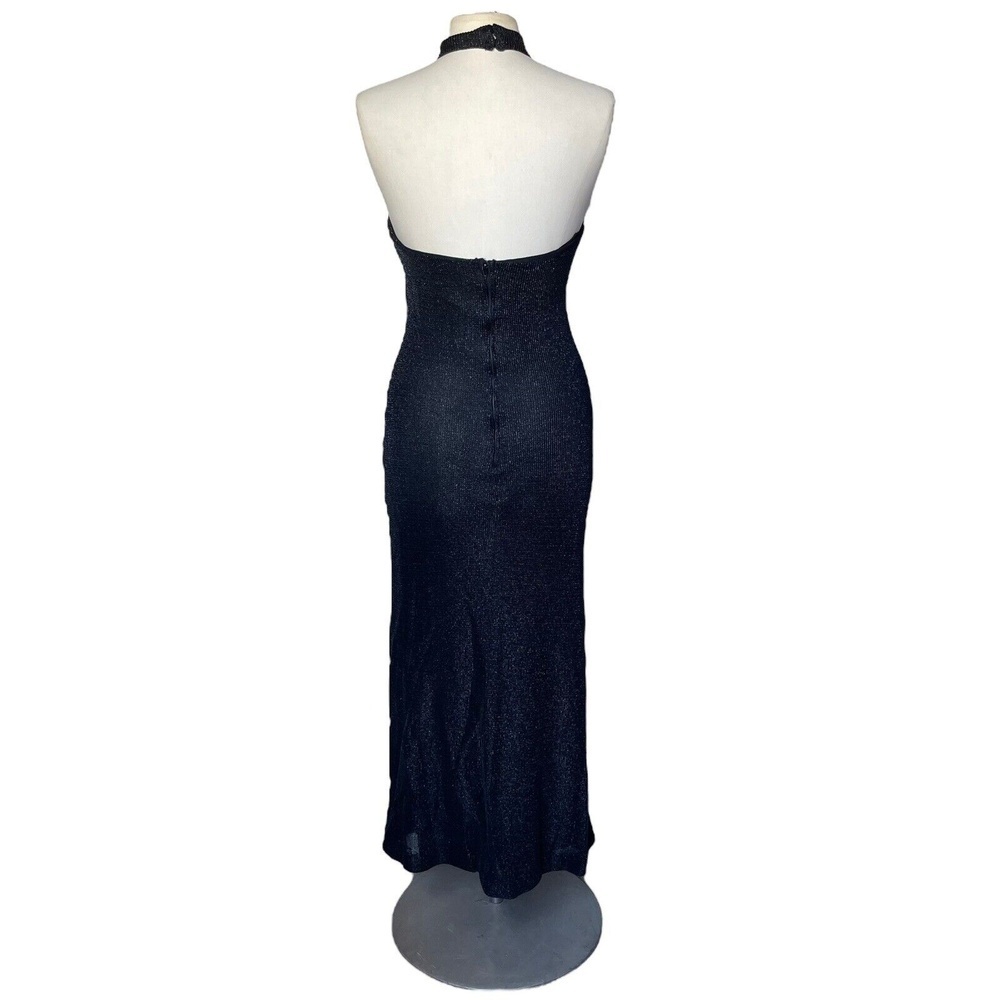 Vintage 80s UNBRANDED Black Halter Dress Long Metallic Knit Shimmering Dinner - Picture 2 of 5